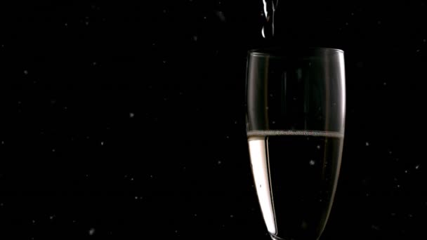 Animation White Particles Falling Champagne Pouring Glass Black Background Celebration — Stock Video