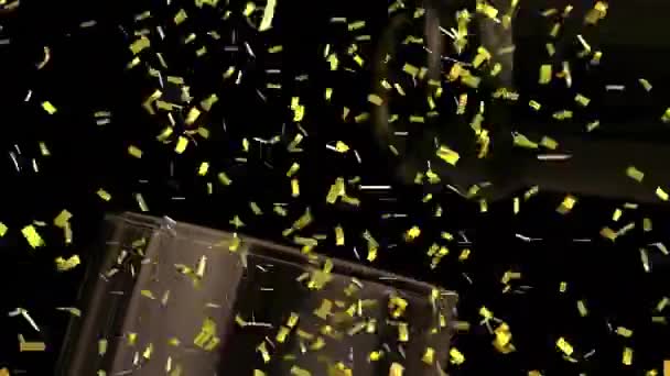 Animação Confetes Ouro Caindo Sobre Champanhe Derramando Vidro Sobre Fundo — Vídeo de Stock