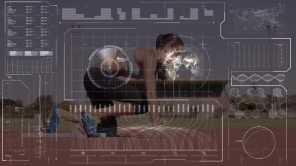 Анимация Обработки Данных Цифровом Интерфейсе Над Женщиной Работающей Спортивном Треке — стоковое видео
