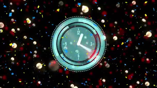 Animação Relógio Com Confetes Holofotes Movimento Sobre Fundo Preto Celebração — Vídeo de Stock