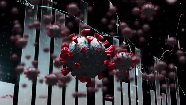 Анимация Клеток Covid Плавающих Над Статистикой Обработкой Данных Глобальный Ковид — стоковое видео