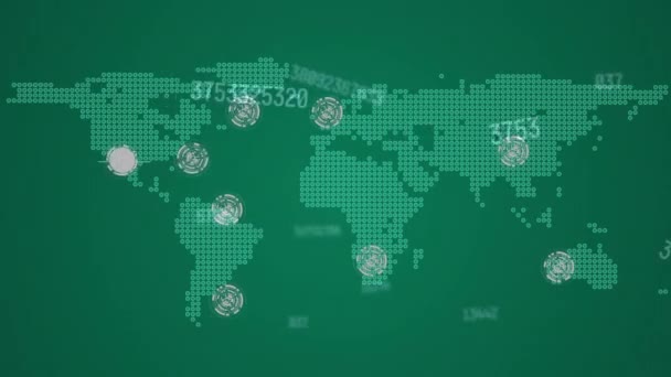 Animación Procesamiento Datos Código Sobre Mapa Del Mundo Con Red — Vídeo de stock