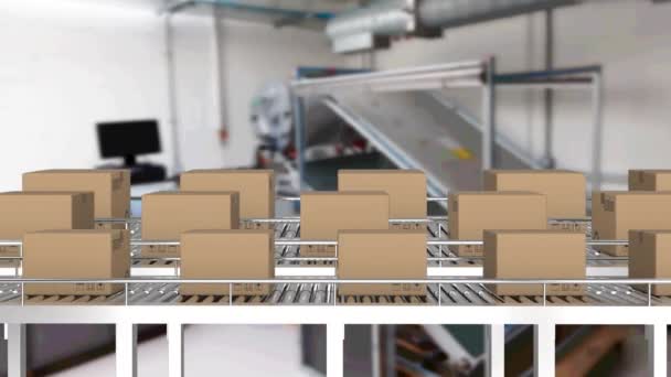 Animation Cardboard Boxes Moving Conveyor Belts Warehouse Global Shipping Delivery — Stock Video