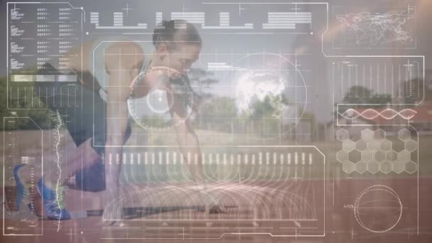 Animacja Przetwarzania Danych Interfejsie Cyfrowym Nad Kobietą Biegającą Torze Sportowym — Wideo stockowe