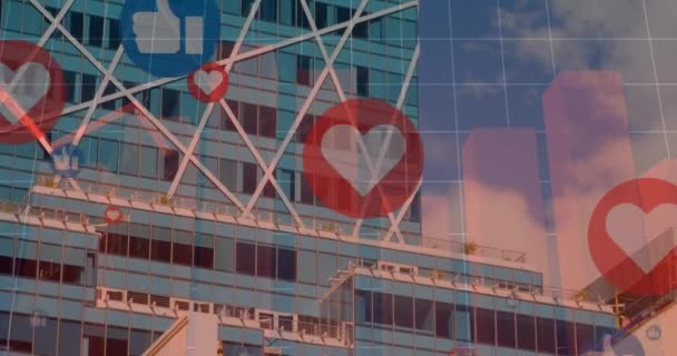 Animasi Ikon Jantung Media Sosial Dan Pemrosesan Data Keuangan Atas — Stok Video