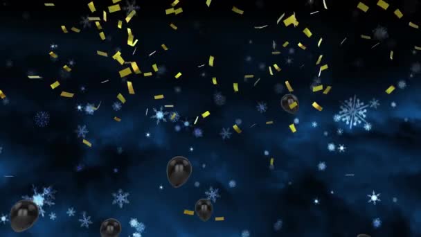 Animatie Van Confetti Vallen Zwarte Ballonnen Vliegen Blauwe Achtergrond Feest — Stockvideo