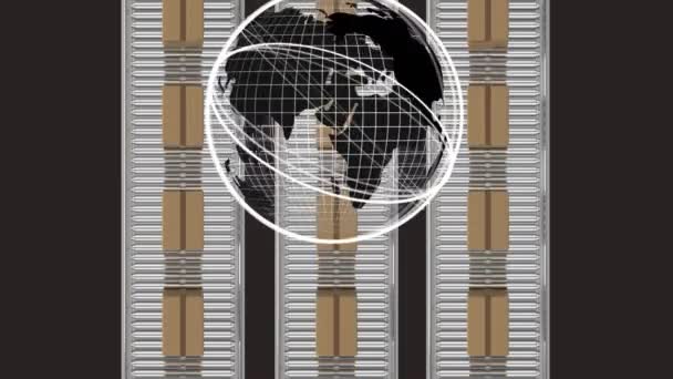 Animatie Van Bol Kartonnen Dozen Die Bewegen Transportbanden Global Shipping — Stockvideo