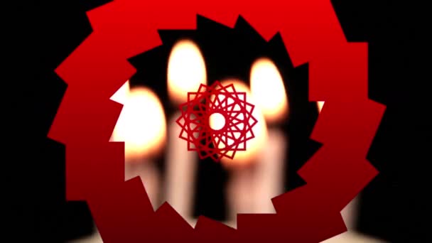 Animace Červených Kaleidoskopických Tvarů Pohybujících Nad Zapálenými Narozeninovými Dortovými Svíčkami — Stock video