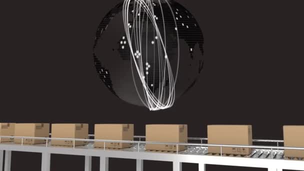 Анімація Сканування Прицілу Глобус Над Картонними Коробками Рухаються Конвеєрному Поясі — стокове відео