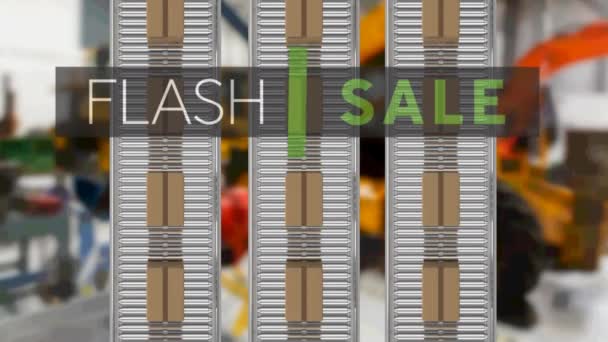 Animation Flash Sale Text Cardboard Boxes Conveyor Belts Warehouse Global — Stock Video