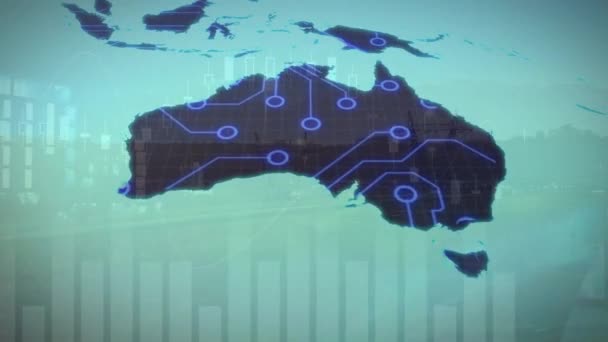 Animacja Przetwarzania Danych Nad Mapą Australii Obwodów Komputerowych Globalne Połączenia — Wideo stockowe