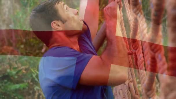 Animation Der Flagge Gehen England Über Starke Muskulöse Mann Klettern — Stockvideo