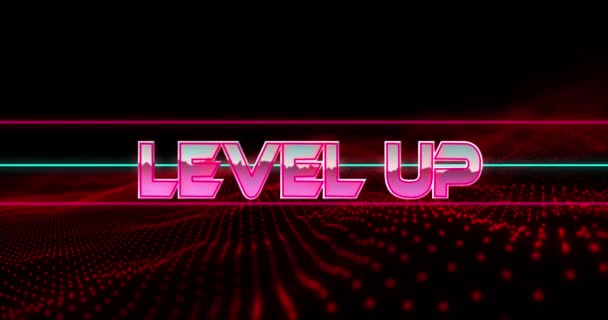 金属ピンクの文字でテキスト上のレベルアップのアニメーションは 赤い輝くメッシュ上の行 ビデオゲームコミュニケーションエンターテイメントコンセプトデジタルで生成されたビデオ — ストック動画