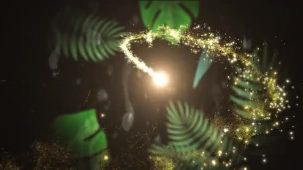 緑の葉の上に輝く金花火のアニメーション 黒に移動します 世界的な通信ネットワークとデジタルインターフェースの背景概念デジタルで生成されたビデオ — ストック動画
