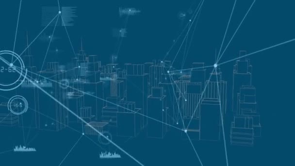接続のネットワークで回転する3D都市図面のアニメーション 世界的なビジネス データ処理の概念デジタルで生成されたビデオ — ストック動画