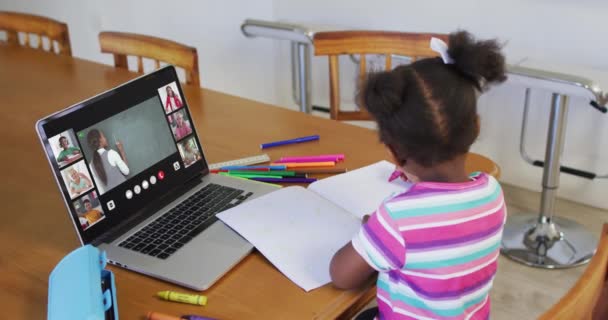 在校女生在家里用笔记本电脑上网上课 屏幕上有各种各样的老师和班级 全球通信技术与在线初等教育概念 数字复合视频 — 图库视频影像