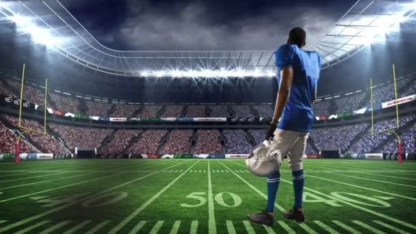 競技場の上にアメリカのサッカー選手のアニメーション スポーツと競争の概念をデジタルで生成し — ストック動画