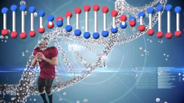 アメリカのサッカー選手に対するDna鎖の回転とデータ処理のアニメーション 世界的なスポーツ データ処理の概念デジタルで生成されたビデオ — ストック動画