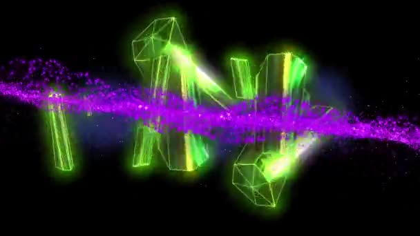 輝く緑の形のクラスタ上に浮遊紫色の液体のアニメーション 世界的な通信ネットワークとデジタルインターフェースの背景概念デジタルで生成されたビデオ — ストック動画
