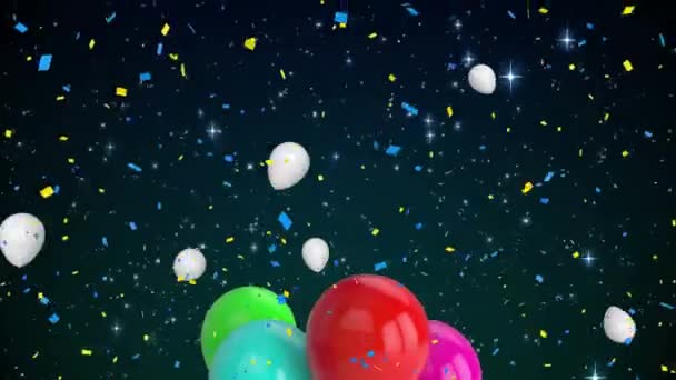 彩色气球在黑色的背景上飘扬 五彩纸屑飘落的动画 派对及庆祝活动概念数码影片 — 图库视频影像