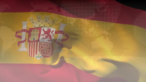Animering Rörlig Flagga Spanien Över Databehandling Och Jordklotet Globalt Digitalt — Stockvideo