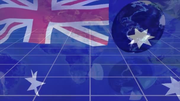 在澳大利亚国旗和全球上空动画的数据处理 全球数据处理 数字接口和数字视频技术概念 — 图库视频影像