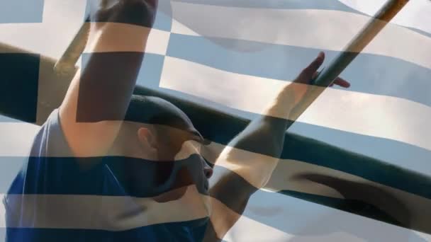 Animatie Van Vlag Gaan Griekenland Etc Sterke Gespierde Man Doen — Stockvideo