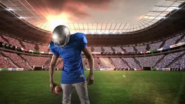 Κινούμενα Σχέδια Του Αμερικανού Ποδοσφαιριστή Πάνω Από Αθλητικό Στάδιο Έννοια — Αρχείο Βίντεο