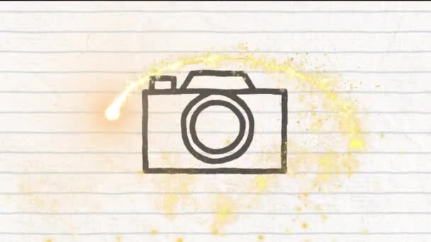 Beyaz Astarlı Kağıt Zemin Üzerinde Kamera Ikonu Üzerine Işıldayan Altın — Stok video