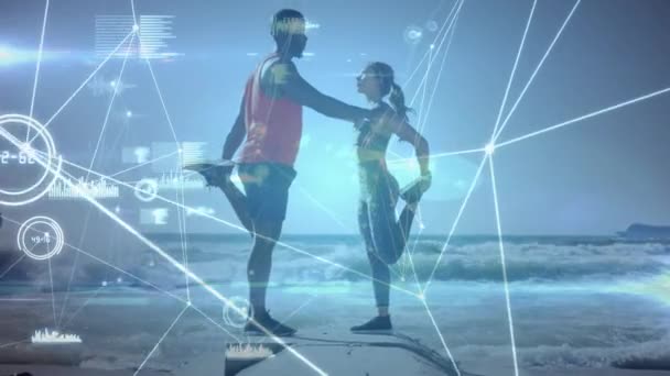 在室外锻炼的妇女和男子之间建立联系网络的动画 全球体育 数据处理和数字视频接口概念 — 图库视频影像