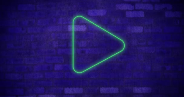 Animation Neon Play Button Flickering Copy Space Brick Wall Background — Stock Video