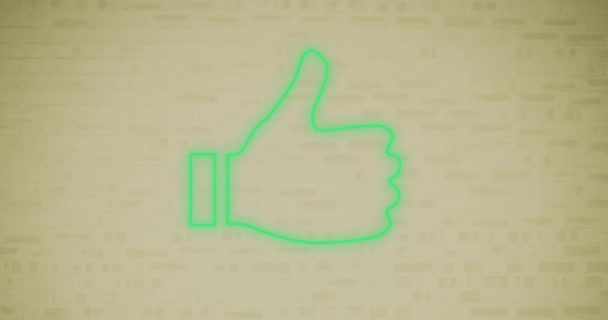 Animation Neon Thumb Icon Flickering Copy Space Beige Background Global — Stock Video