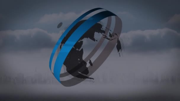 Animatie Van Ronddraaiende Globe Met Scope Scanning Stadsgezicht Mondiaal Bedrijfs — Stockvideo
