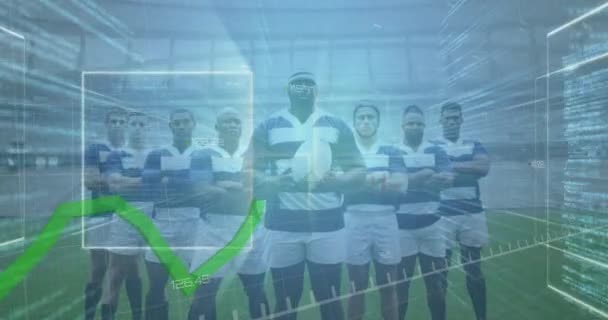 Animacja Zielonej Linii Przetwarzanie Danych Przez Graczy Rugby Podczas Meczu — Wideo stockowe