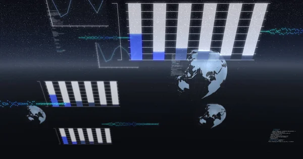 Beeld Van Gegevensverwerking Globes Draaien Statistieken Opnemen Het Universum Digitaal — Stockfoto