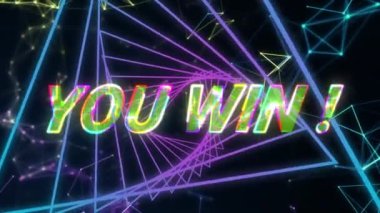 Senin animasyonun neon geometrik tünelde parlak harflerle yazılmış metni kazanıyor. Video oyunu ve dijital arayüz kavramı dijital olarak oluşturuldu.