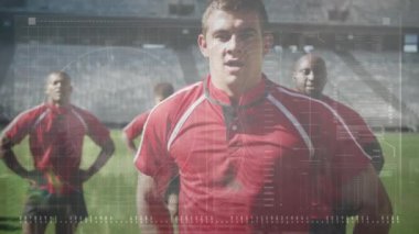 Spor stadyumundaki ragbi maçında veri işleme animasyonu. küresel spor, rekabet ve veri işleme kavramı dijital olarak oluşturulmuş video.