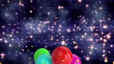 Parlayan ışıkların animasyonu, konfetilerin düşmesi ve siyah arka planda uçan balonlar. kutlama ve parti konsepti dijital olarak oluşturulmuş video.