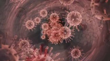 Cerrahların üzerinde yüzen kovid 19 hücrenin animasyonu. küresel covid 19 salgın hastalık ve sağlık hizmetleri konsepti dijital olarak oluşturulmuş video.