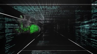 Siyah arkaplana karşı veri işleme üzerinde yeşil duman etkisinin dijital animasyonu. bilgisayar arayüzü ve teknoloji kavramı