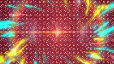 Parlayan renkli ışıkların üzerindeki renkli şekillerin animasyonu. Video oyunu, tıbbi araştırma, bağlantılar ve dijital olarak oluşturulmuş eğlence konsepti.