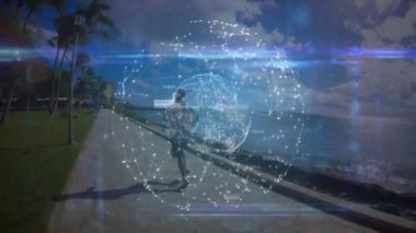 Kumsalda koşan zinde bir adamın üzerindeki dünya çapındaki bağlantıların animasyonu. spor ve yarışma konsepti dijital olarak oluşturulmuş video.