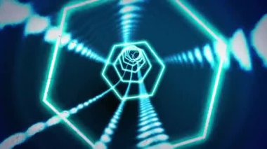 Yeşil bağlantıların animasyonu, parlayan ışık tünelinde dönen parlayan altıgenler. ışık ve hareket kavramı dijital olarak oluşturulmuş video.