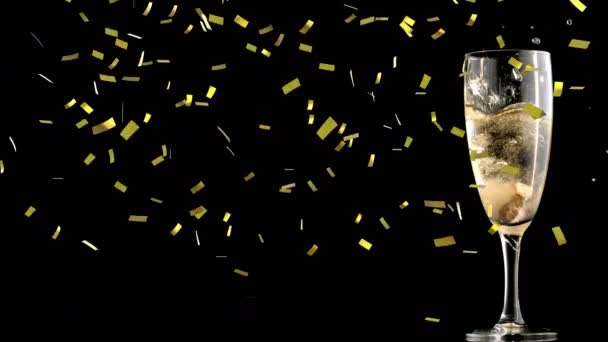 Animation Gold Confetti Falling Glass Champagne New Years Eve Party — Stock Video