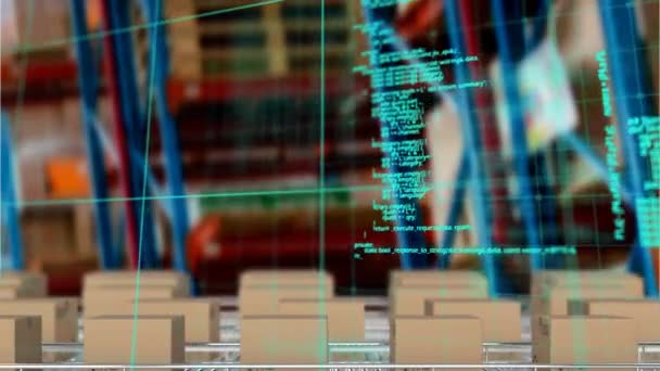 倉庫内のコンベアベルト上の段ボール箱上のデータ処理のアニメーション 世界規模のデータ処理 出荷と配信の概念デジタルで生成されたビデオ — ストック動画