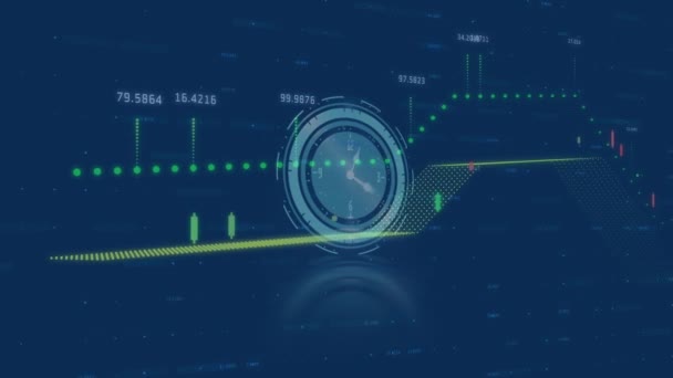 時計上のデータ処理のアニメーション グローバルな科学 データ処理 デジタルインターフェースの概念はデジタルで生成されたビデオ — ストック動画