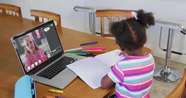 在校女生在家里用笔记本电脑上网上课 她的同学和网上聊天在屏幕上 全球通信技术与在线初等教育概念 数字复合视频 — 图库视频影像
