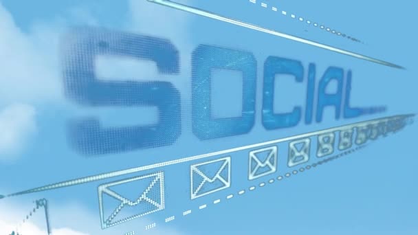 Animazione Testo Blu Social Network Mail Busta Icone Sopra Cielo — Video Stock