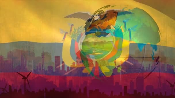 Animacja Przetwarzania Danych Nad Flagą Ecuador Globu Globalne Przetwarzanie Danych — Wideo stockowe
