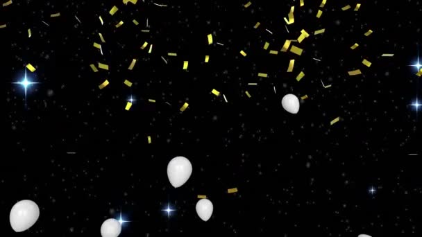 Animatie Van Confetti Vallen Witte Ballonnen Vliegen Zwarte Achtergrond Feest — Stockvideo